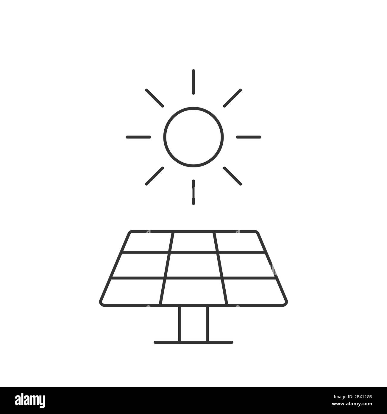 Sonnenkollektoren, dünne Linie, Symbol. Sonne als alternative elektrische Energieressource. Erneuerbare, nachhaltige, umweltfreundliche Energiequelle. Schwarze Umrandung auf Weiß Stock Vektor