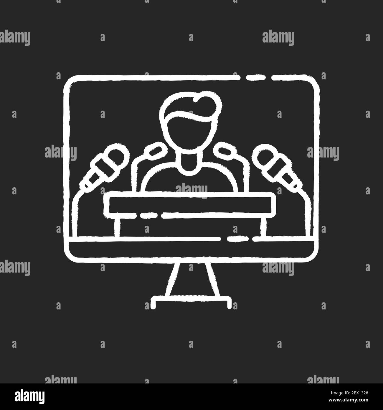 Pressekonferenz Kreide weißes Symbol auf schwarzem Hintergrund. TV-Übertragung von Sonderansage. Öffentliche Präsentation. Interview mit dem Unternehmensleiter. Stock Vektor