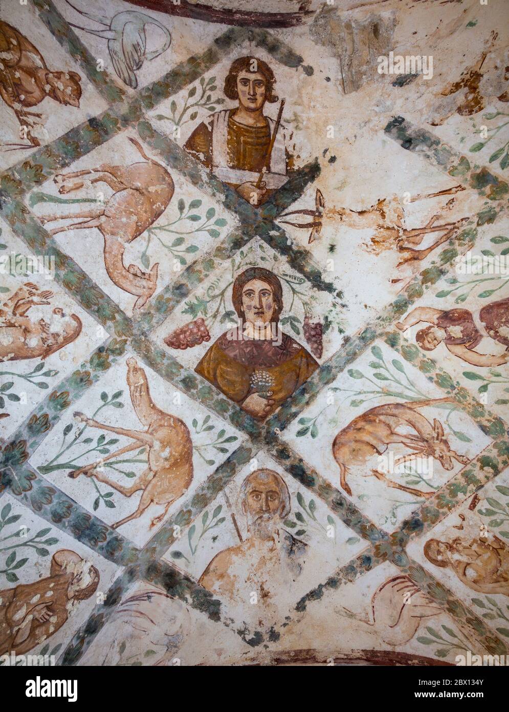 Detail der Malerei die drei Lebensalter des Menschen, Apodyterium oder Umkleidekabine, Quseir Amra oder Qusayr Amra, Jordanien Stockfoto