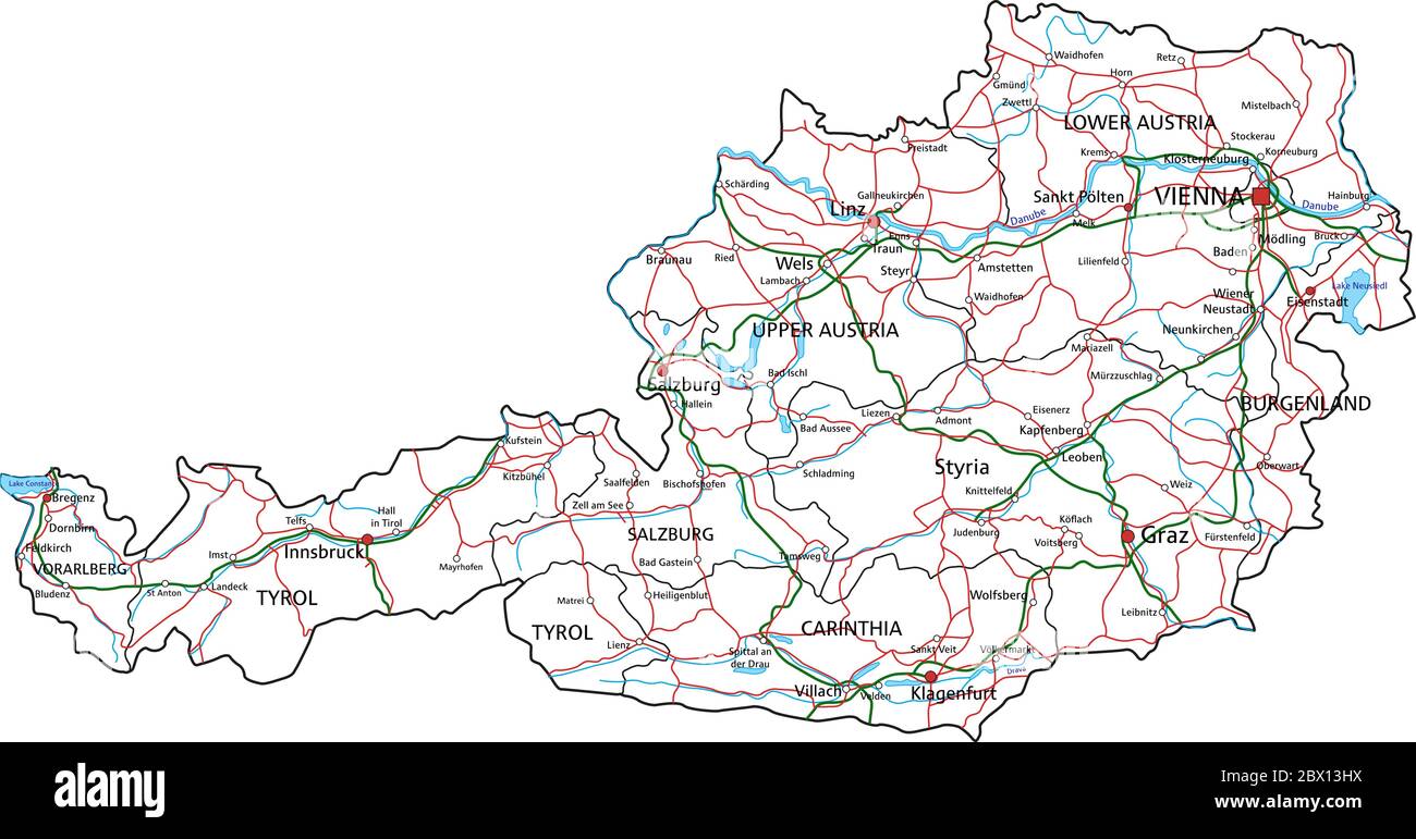 Detaillierte Österreich-Straßenkarte mit Kennzeichnung. Stock Vektor