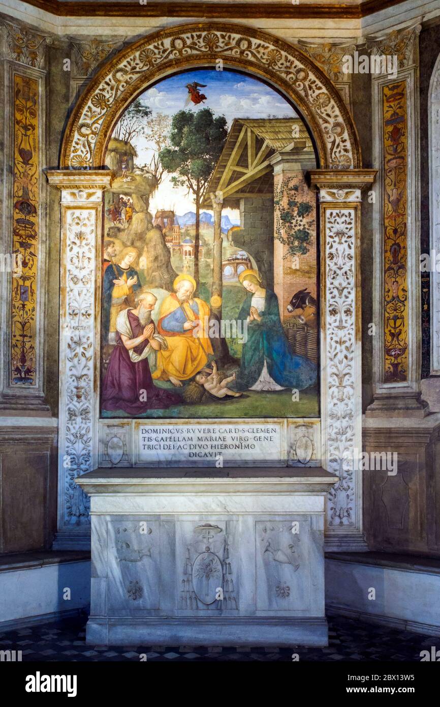 Das Fresko Krippe mit der Heiligen Hieronymus von Bernardino Pinturicchio (1488-1490) in Rovere-Kapelle in der Kirche Santa Maria del Popolo, Rom, Italien Stockfoto