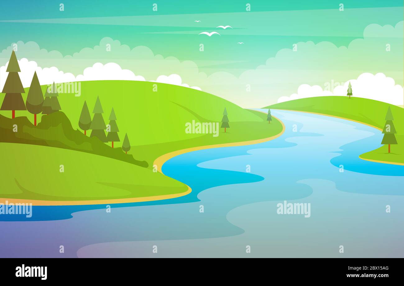 Wicking River Mountain Forest Schöne Ländliche Natur Landschaft Illustration Stock Vektor