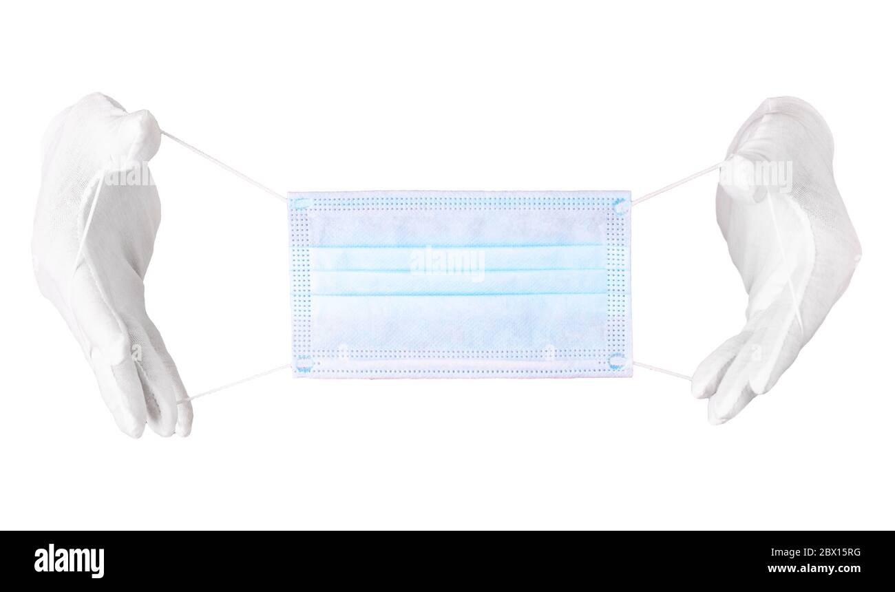 Das Paar dünne Handschuhe und Gesichtsschutz auf weißem Hintergrund. Medizinische Einweg-Gummihandschuhe und -Maske. Schutzgegenstände. Rechtsmittel. Stockfoto