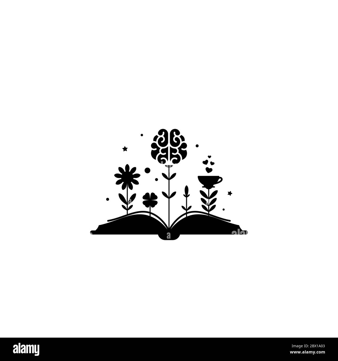 Schwarzes Buch mit Blumen, Gehirn und Sprossen isoliert auf weißem Hintergrund. Vektor flache Abbildung. Magic Märchen Lesen Logo. Fantasie, Inspiration Stock Vektor
