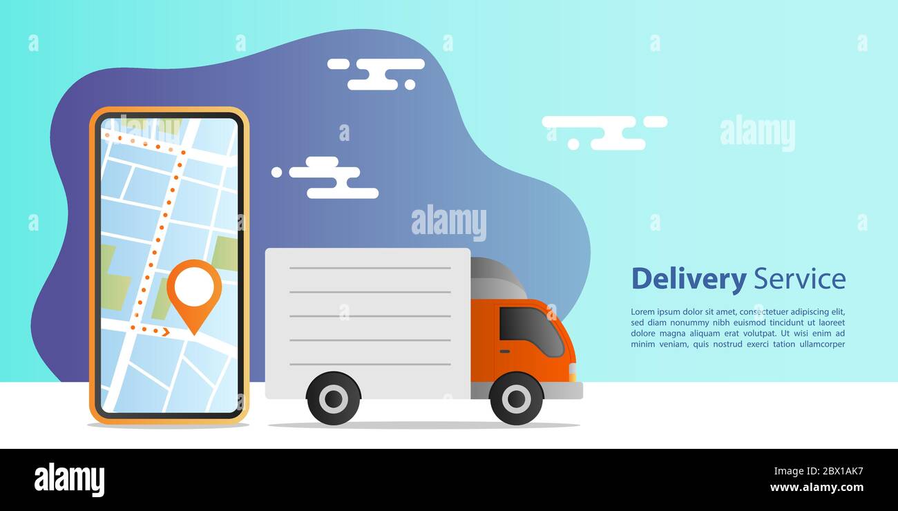 Online Express Delivery Konzept. LKW-Lieferung für Service mit Standort mobile Anwendung. E-Commerce-Konzept. Vektorgrafik. Stock Vektor