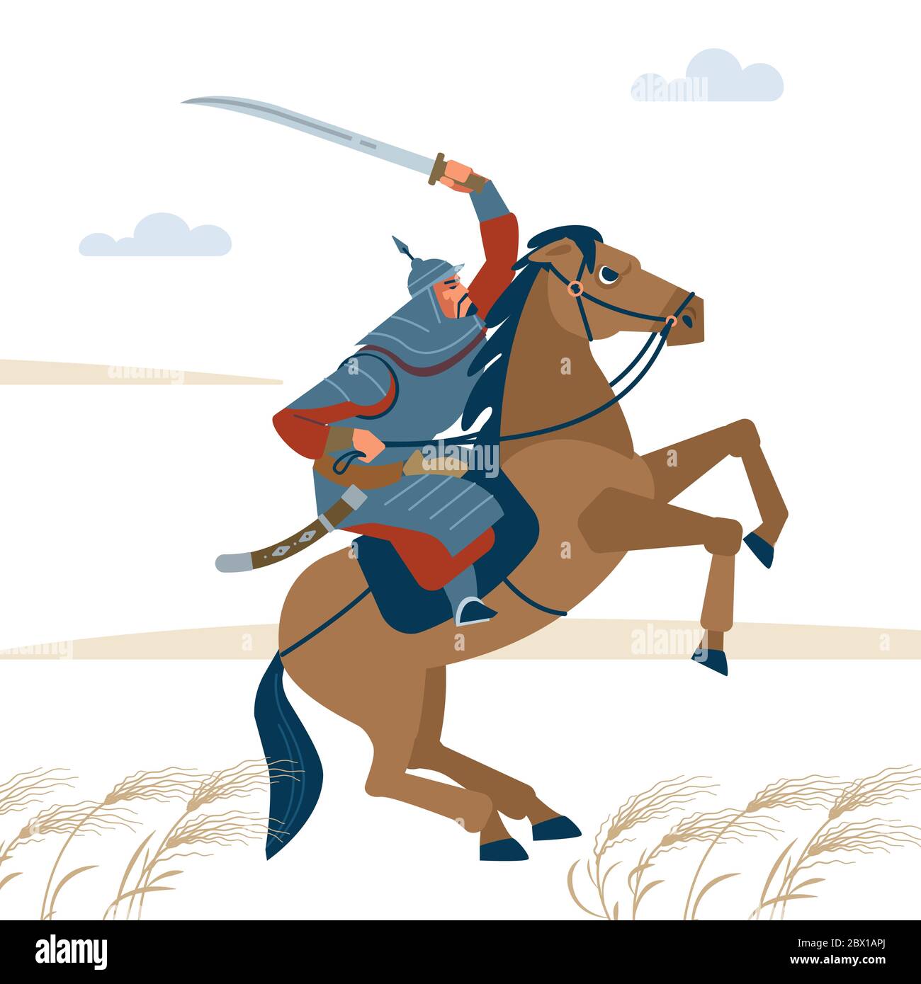 Nomad mongol Mann Reiten braunes Pferd in Steppe hält Schwert Angriff. Zentralasiatischer Krieger Reiter, bereit, in der Schlacht anzugreifen. Isolierter Vektor Stock Vektor