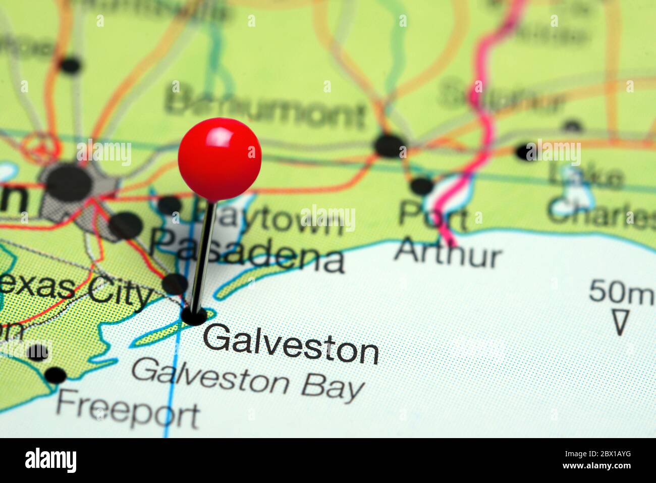 Galveston auf einer Karte von Texas, USA, fixiert Stockfoto