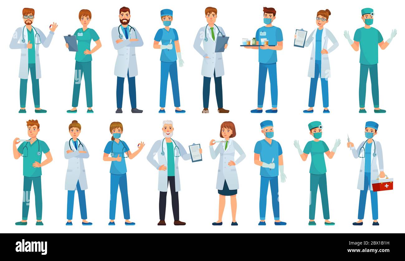 Krankenhauspersonal. Klinikmitarbeiter, Apotheker, Krankenschwester in Uniform und Krankenwagen Ärzte Zeichen Cartoon Vektor Illustration Set Stock Vektor