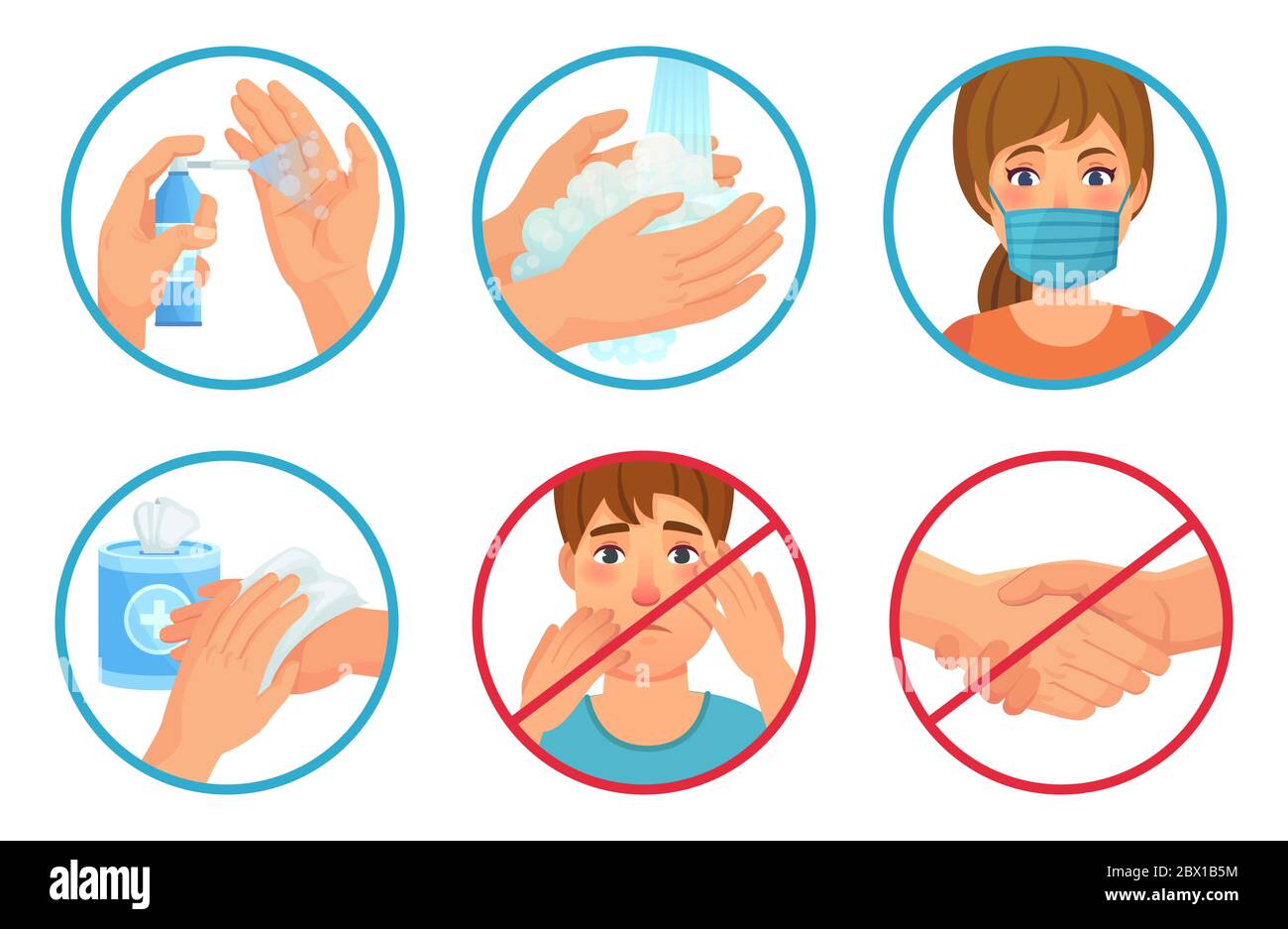 Prävention von Coronavirus-Infektion. Verwenden Sie Gesichtsmaske, Desinfektionsmittel und waschen Sie Ihre Hände. Gesicht und Handschlag nicht berühren, SARS-CoV-2-Vektor verhindern Stock Vektor