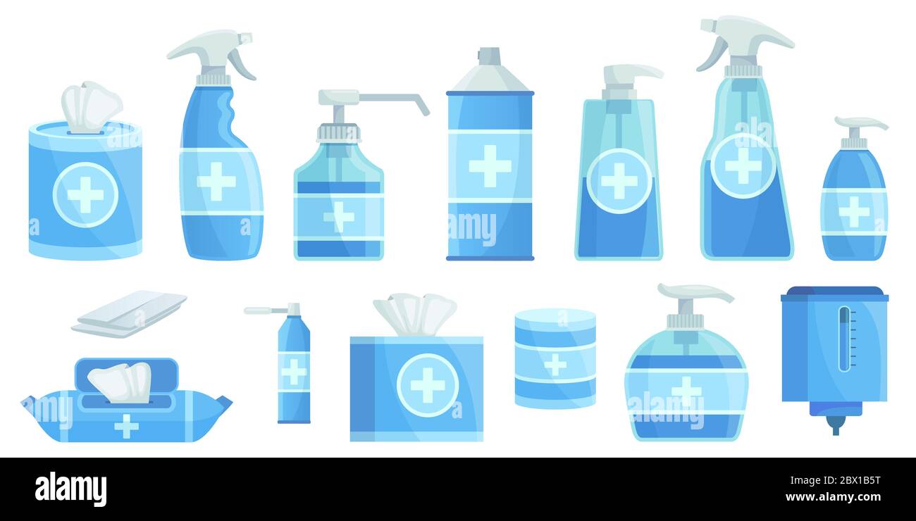 Cartoon Desinfektionsmittel. Desinfektion Alkohol Spray, antiseptische Desinfektionsmittel Spender und flüssige Desinfektionsmittel Seife. Vektorgrafik zum Virenschutz Stock Vektor