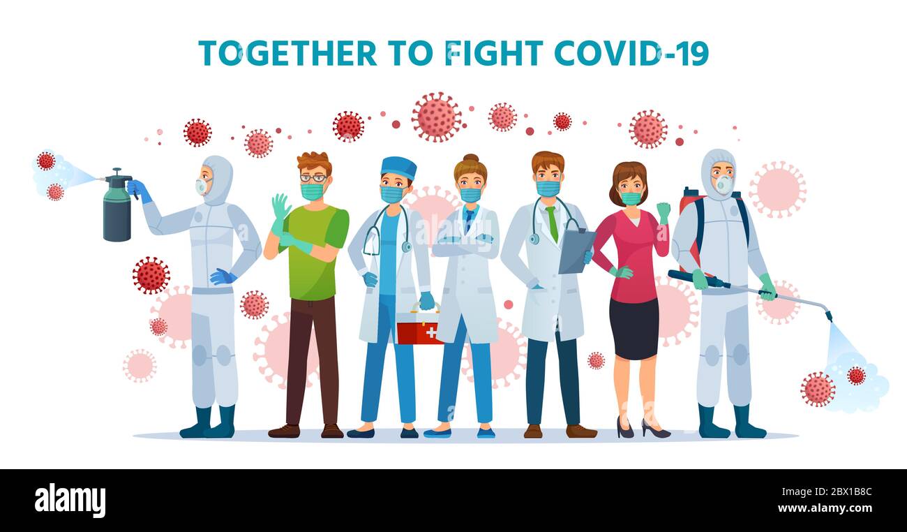 Gemeinsam gegen Covid-19. Zusammenarbeit im Gesundheitswesen, bekämpft Coronavirus. Ärzte, Krankenschwestern und Menschen, die eine Sicherheitsmaske tragen und Desinfektionsmittel verwenden Stock Vektor