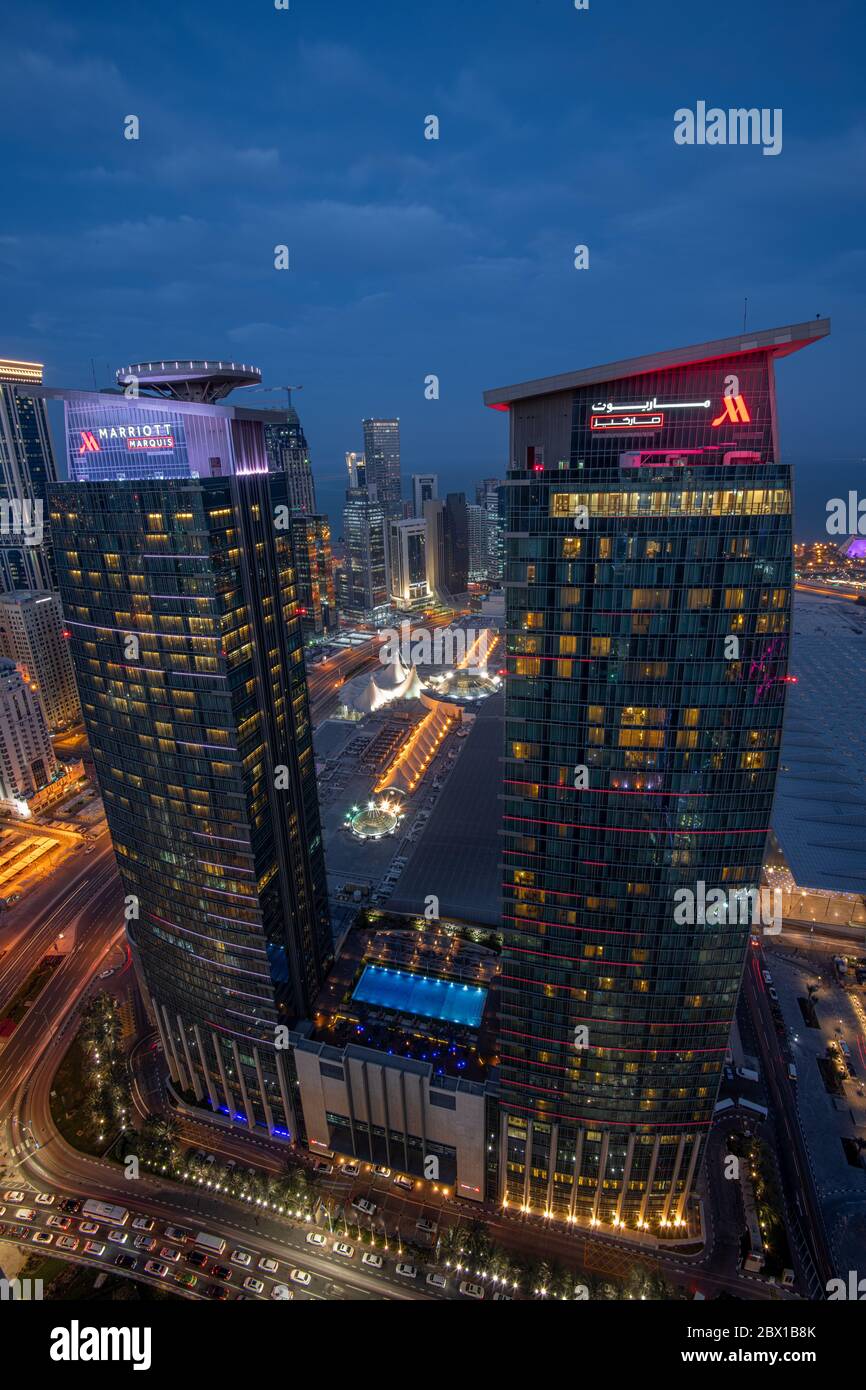 Wunderschöne Stadtansicht der West Bay Gegend. Marriott Marques Hotel Doha Stockfoto