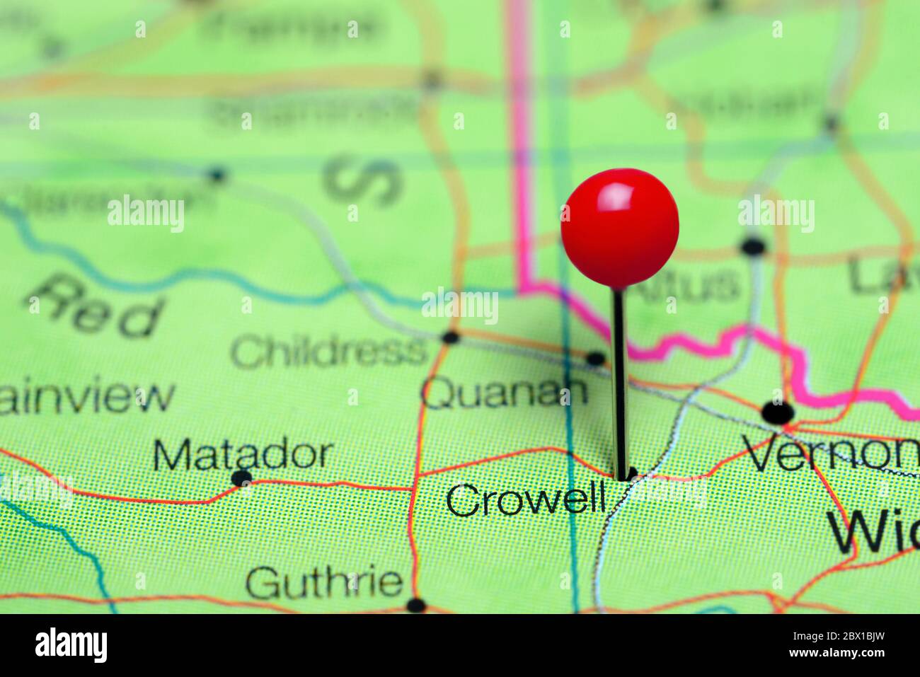 Crowell auf einer Karte von Texas, USA Stockfoto