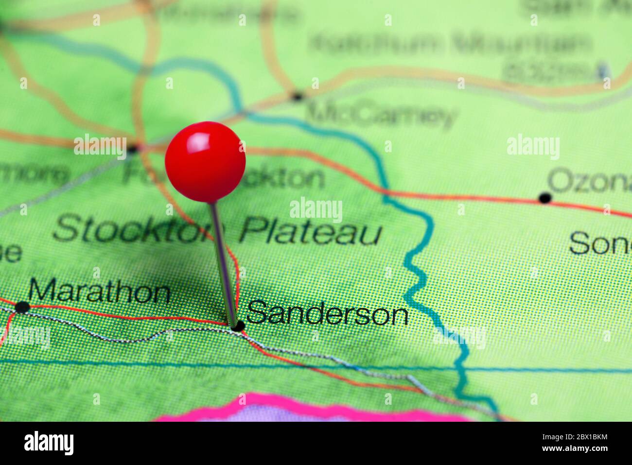 Sanderson auf einer Karte von Texas, USA Stockfoto