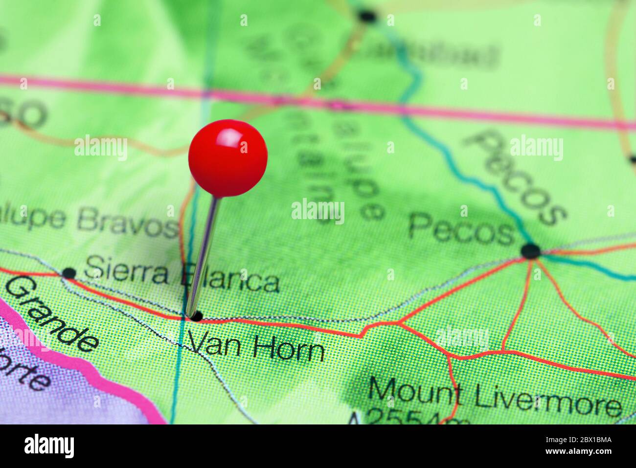 Van Horn hat auf einer Karte von Texas, USA, gefestert Stockfoto