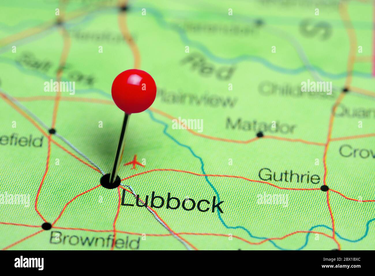 Lubbock auf einer Karte von Texas, USA Stockfoto