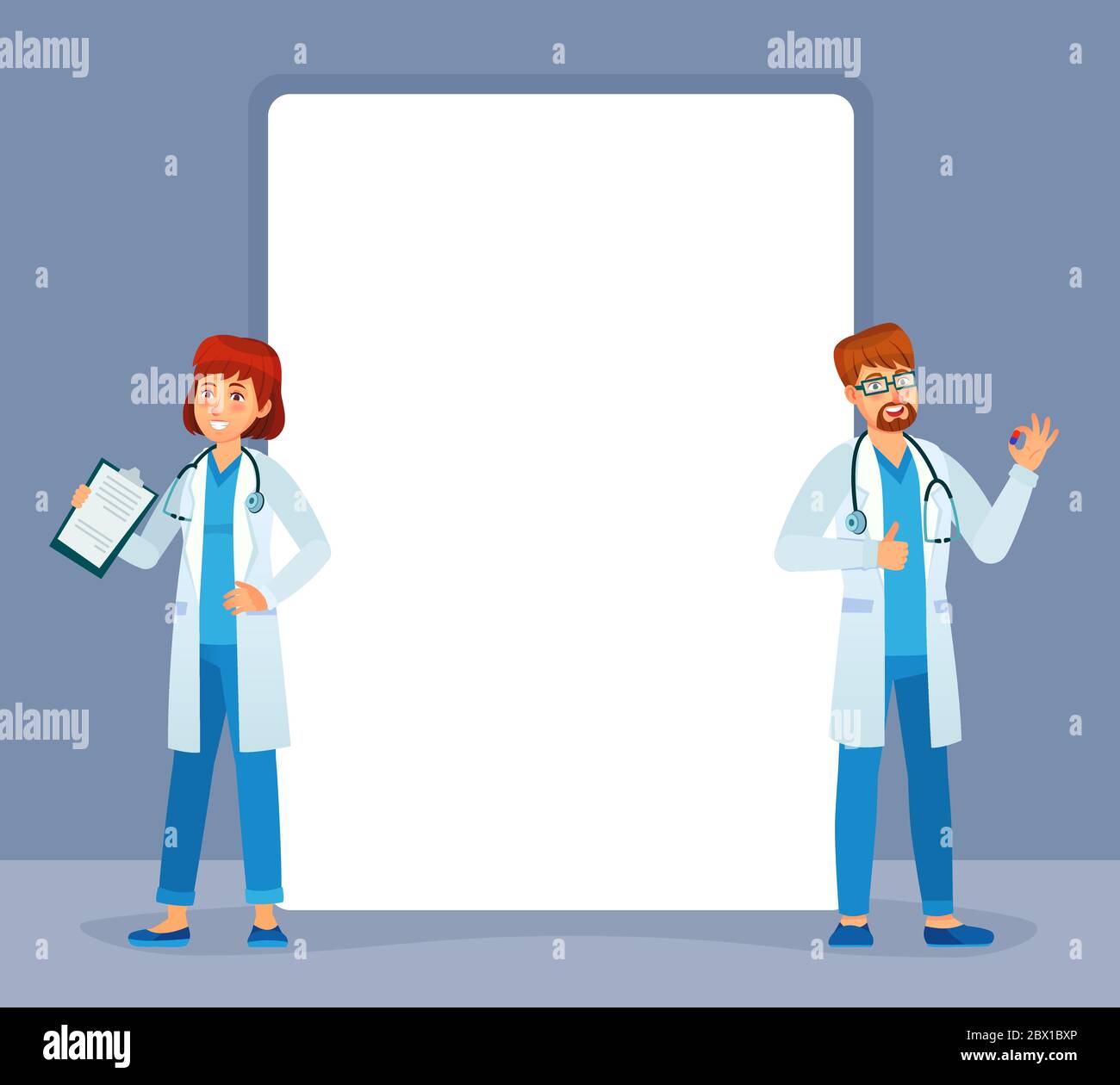 Ärzte stehen neben Banner. Arzt Arzt Arzt Arzt Stock Vektor