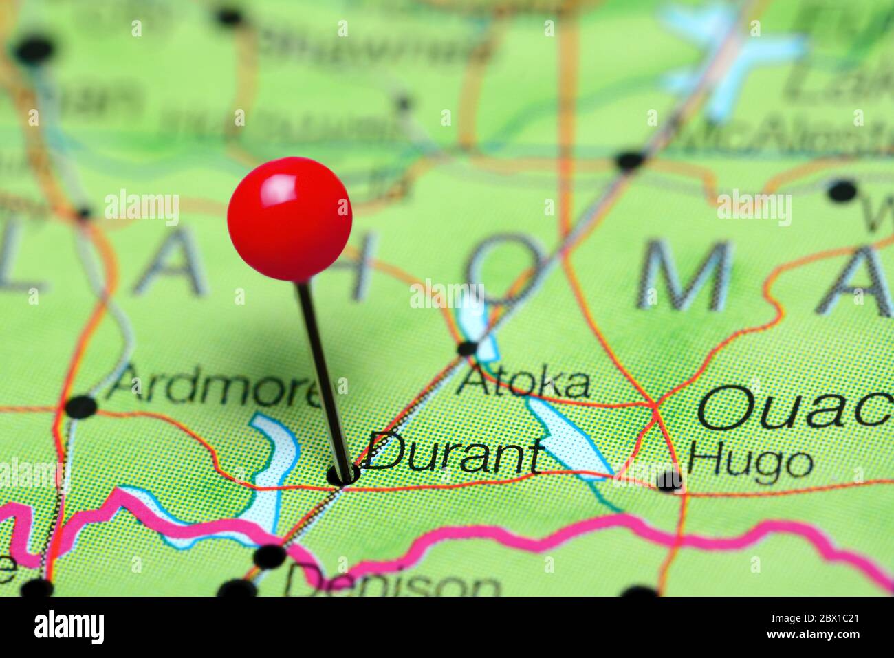 Durant auf einer Karte von Oklahoma, USA Stockfoto