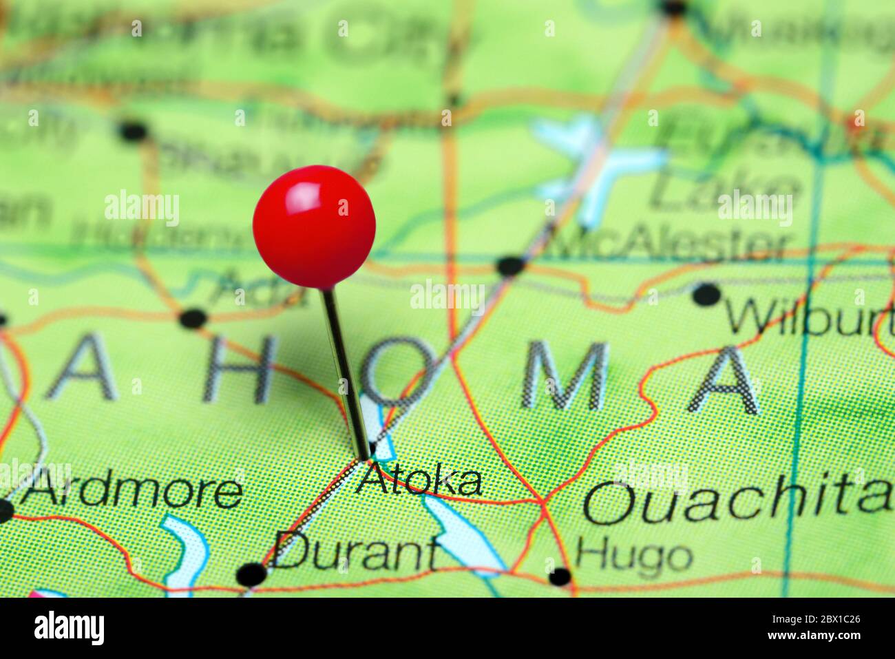 Atoka auf einer Karte von Oklahoma, USA Stockfoto