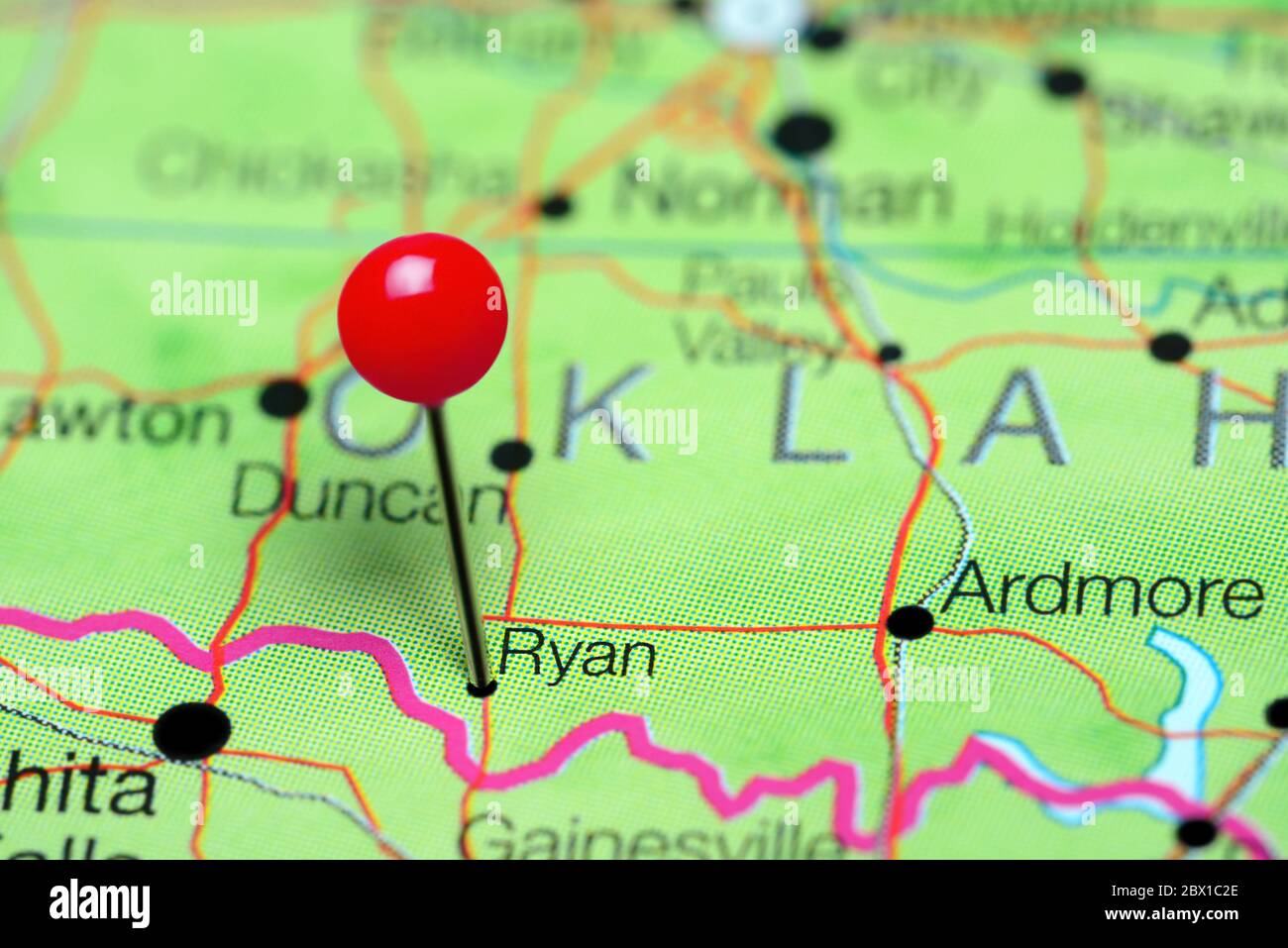 Ryan hat auf einer Karte von Oklahoma, USA, gepinkt Stockfoto