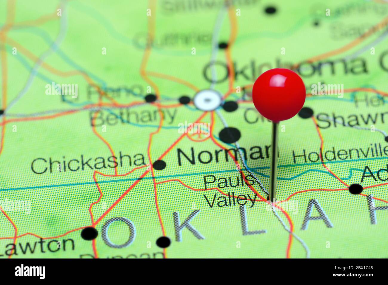 Pauls Valley auf einer Karte von Oklahoma, USA Stockfoto