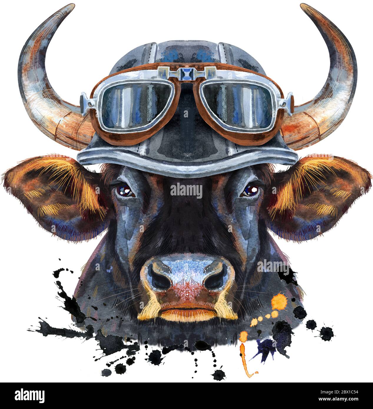 Aquarell Illustration von schwarzen mächtigen Stier in einem Biker Helm mit Brille Stockfoto