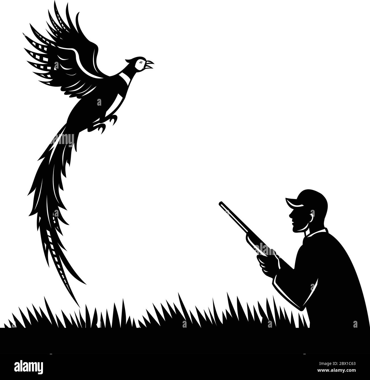 Schwarz-weiß-Illustration einer Silhouette eines Wildvogeljägers mit Schrotflinte Gewehr und Fasan Vogel fliegen von der Seite auf isoliert wh Stock Vektor