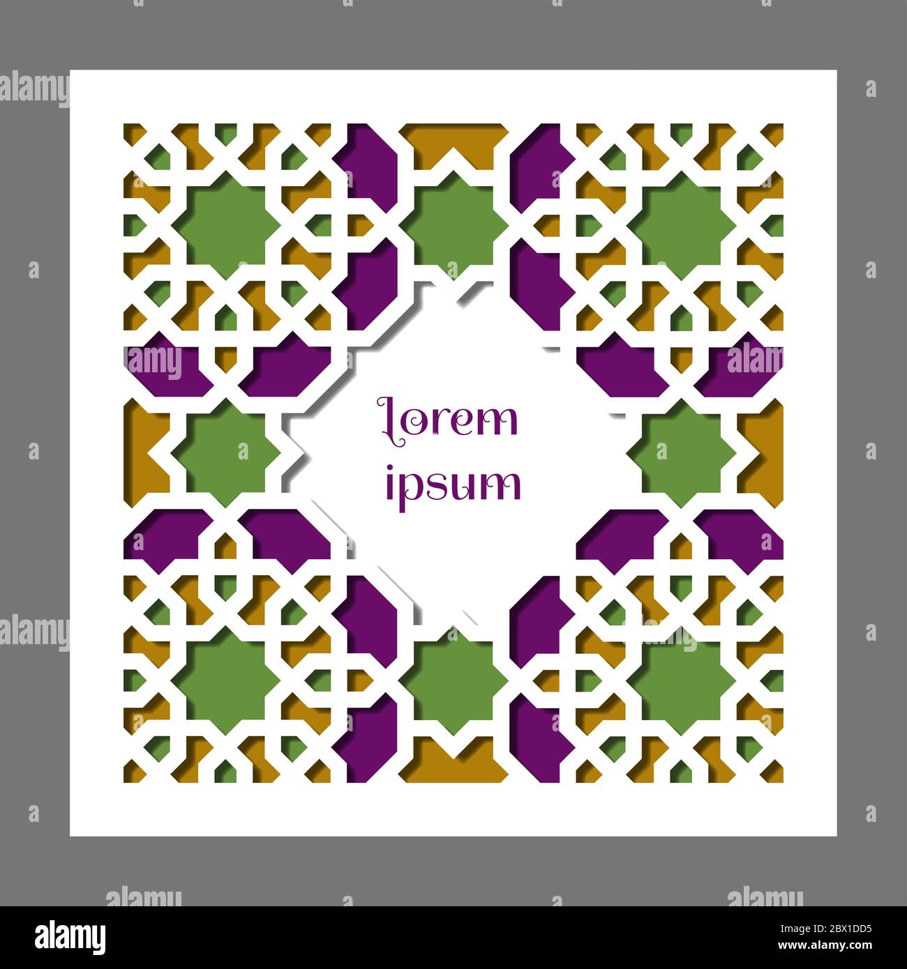 Colofrul square vector template of cut out card for invitation, celebration, save the date, wedding performed in arabic geometric tile. Cut out paper Stock Vektor