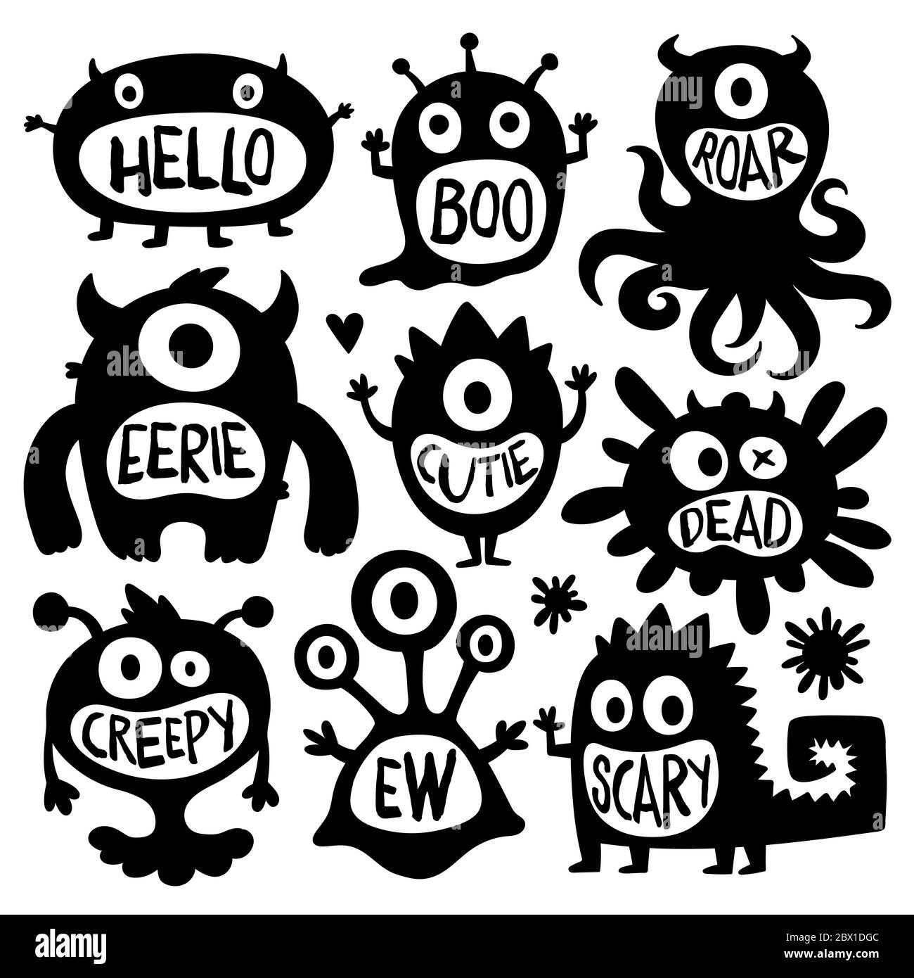 Flache schwarz-weiß Design-Stil Cartoon Vektor Illustration Set von niedlichen Monster Vektoren. Gruselige und gruselige Kreaturen isoliert auf weißem Hintergrund Stockfoto
