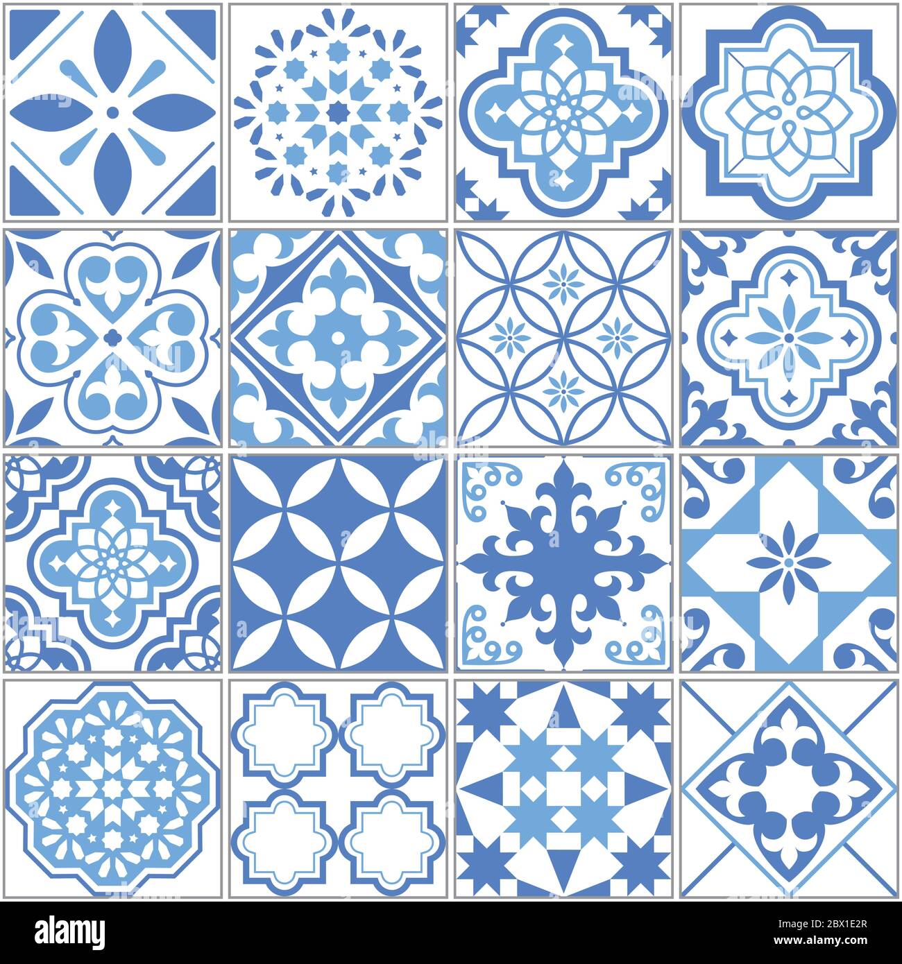 Portugiesischer Vektor Azulejo Fliese nahtlose Vektor-Muster, Lissabon blau alte Fliesen Mosaik, Mittelmeer repetitive Textildesign Stock Vektor