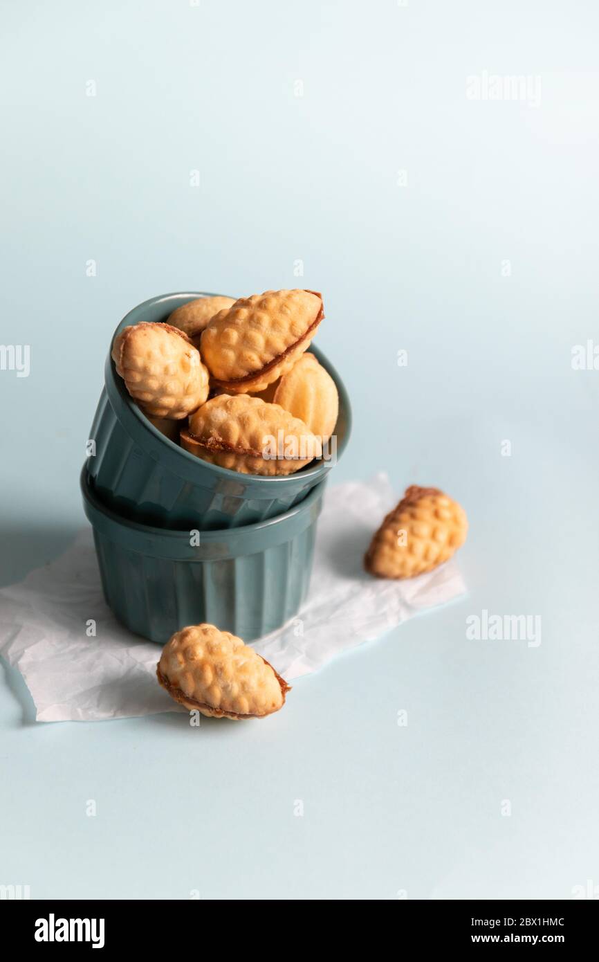 Leckere Banner Food Zusammensetzung mit Zapfen Form Walnuss Cookies auf blauem Hintergrund, vertikale Foto Stockfoto