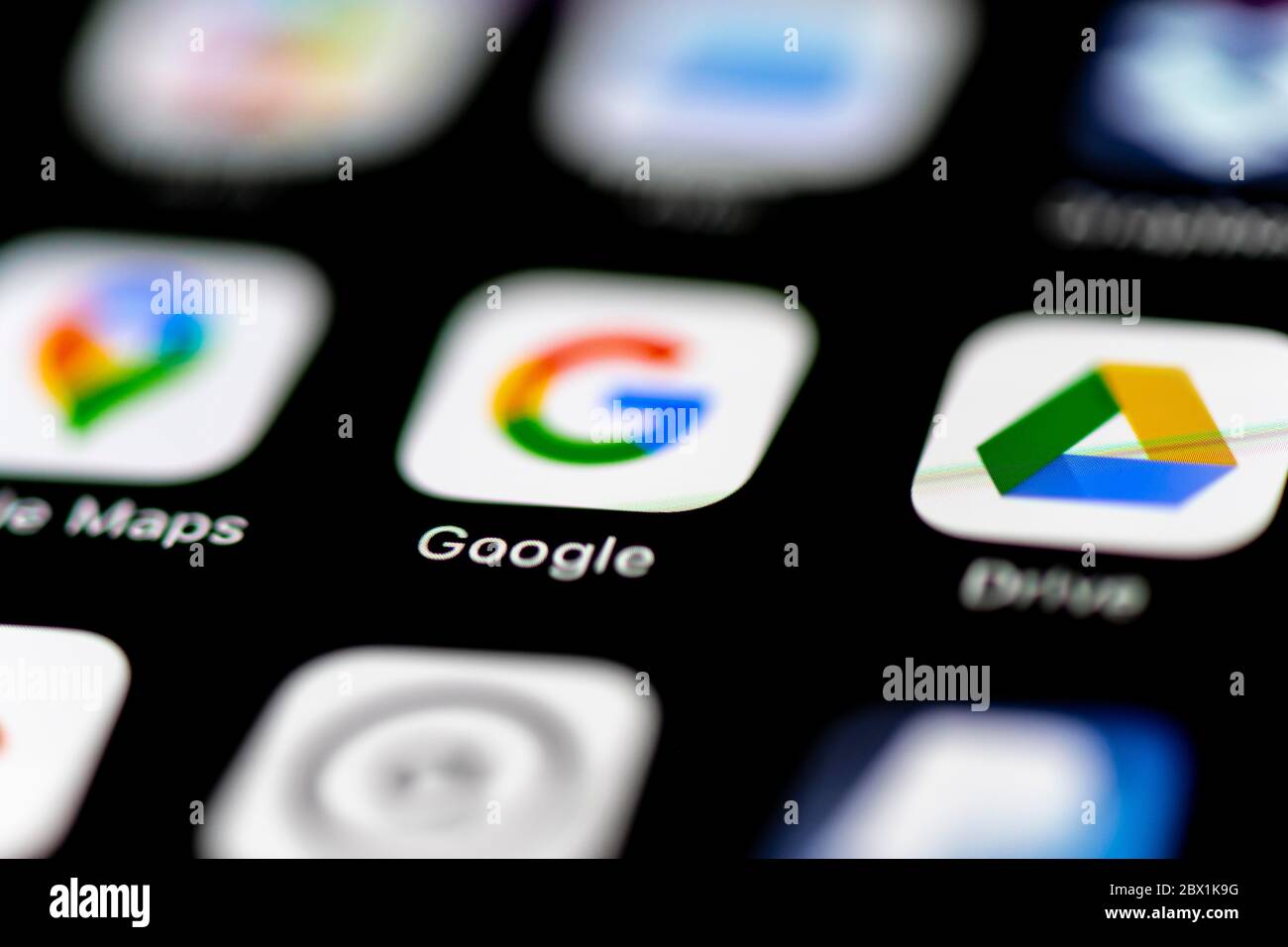 Apps von Google, Google Maps, Drive, App Icons auf einem Handy Display, iPhone, Smartphone, Nahaufnahme Stockfoto