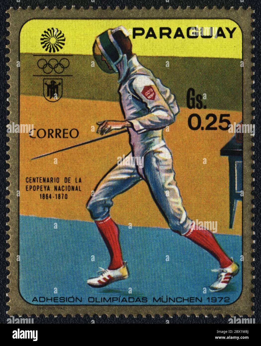 EPEE Fencer.Olympische Sommerspiele in München 1972. Reihe: 100 Jahre des Nationalen Epos 1864 - 1870. Briefmarke: Paraguay, 1972 Stockfoto