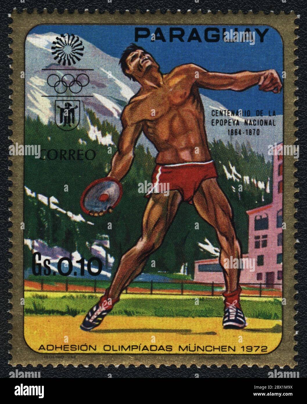 Diskuswurf. Laufhürden. Olympische Sommerspiele in München 1972. Reihe: 100 Jahre des Nationalen Epos 1864 - 1870. Briefmarke: Paraguay, 1972 Stockfoto