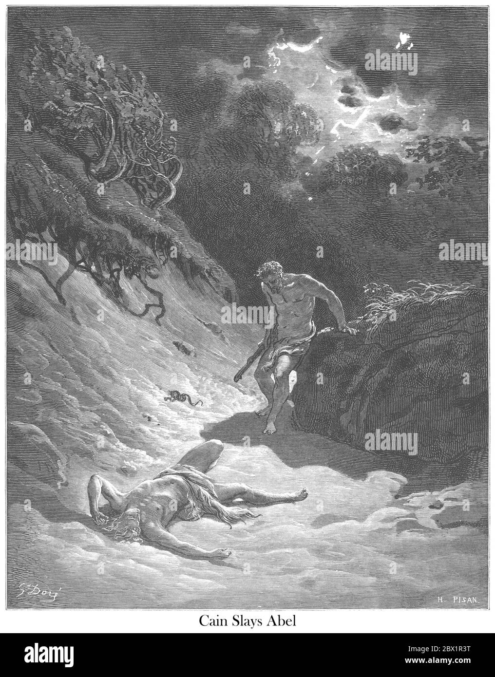 Der Tod Abels (oder "Kain-Sklaven Abel") Genesis 4:8-9 aus dem Buch "Bibelgalerie" illustriert von Gustave Dore mit Erinnerungen von Doré und beschreibende Buchpresse von Talbot W. Chambers D.D. Herausgegeben von Cassell & Company Limited in London und gleichzeitig von Mame in Tours, Frankreich im Jahr 1866 Stockfoto