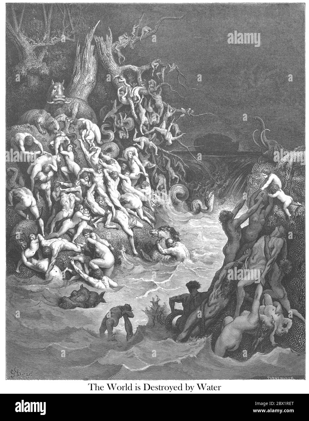 Die vom Wasser zerstörte Welt 1. Mose 7:24 aus dem Buch 'Bibelgalerie' illustriert von Gustave Dore mit Erinnerungen von Doré und beschreibender Buchpresse von Talbot W. Chambers D.D. Herausgegeben von Cassell & Company Limited in London und gleichzeitig von Mame in Tours, Frankreich im Jahr 1866 Stockfoto