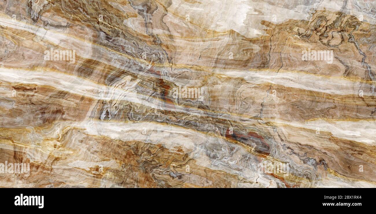 Marmormuster aus Holz mit lockigen weißen und goldenen Adern. Abstrakte Textur und Hintergrund. 2D-Darstellung Stockfoto