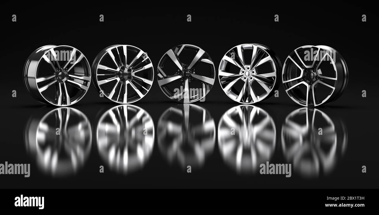Fünf Auto-Disc auf einem schwarzen Hintergrund 3D-Rendering-Illustration. Stockfoto