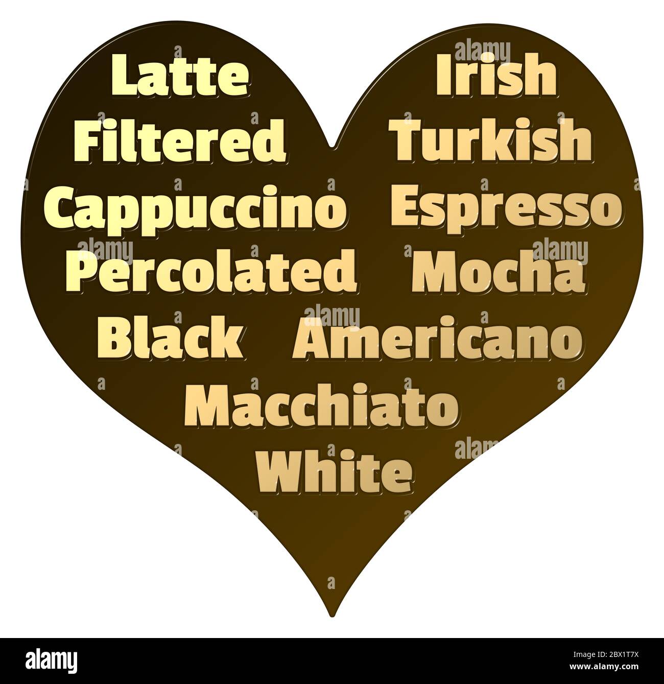 Herz geformte Liebe für Kaffee Illustration mit vielen verschiedenen Arten von Kaffee auf einem isolierten weißen Hintergrund Stockfoto