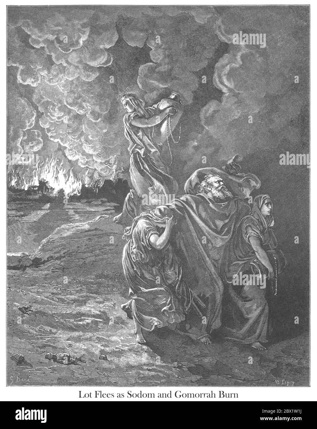 Lot flieht als Sodom und Gomorra brennen oder die Flucht von Lot Genesis 19:24-26 aus dem Buch 'Bibelgalerie' illustriert von Gustave Dore mit Erinnerungen von Doré und beschreibende Briefpresse von Talbot W. Chambers D.D. Herausgegeben von Cassell & Company Limited in London und gleichzeitig von Mame in Tours, Frankreich im Jahr 1866 Stockfoto