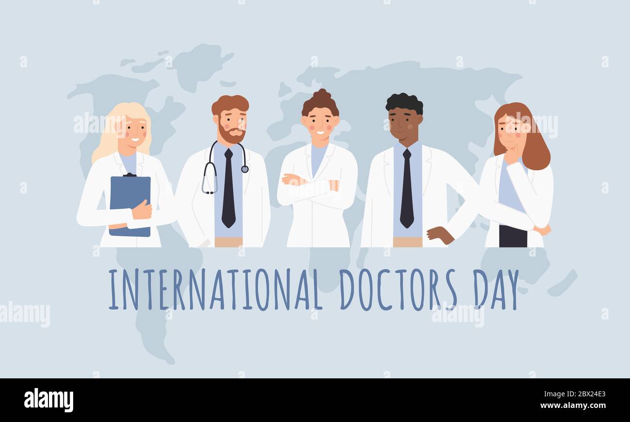 Internationaler Ärztetag. Klinische Fachkräfte, Männer und Frauen Ärzte in weißen medizinischen Kleidern mit Weltkarte. Vektorkonzept für das Gesundheitswesen Stock Vektor