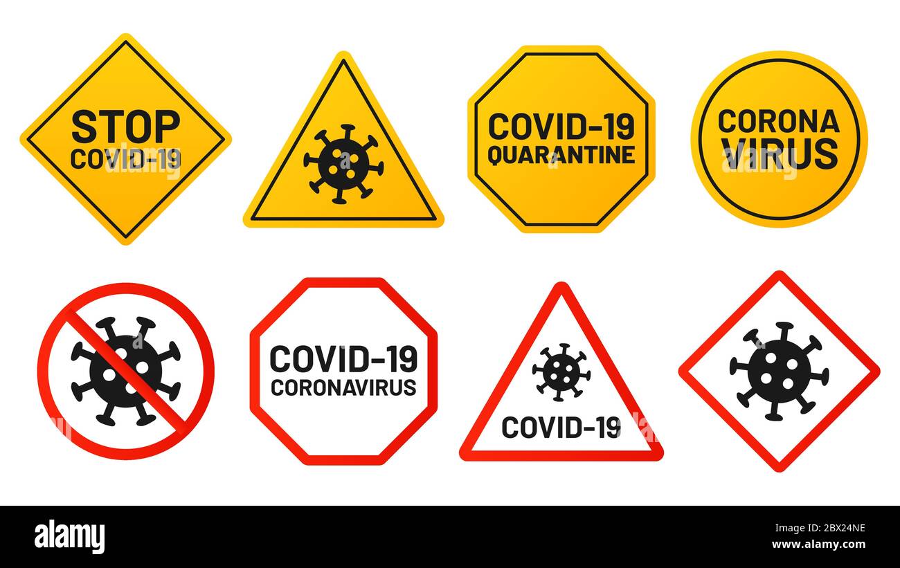 Covid-19 Zeichen, Verbot und stoppen Virus, gelbes Banner oder rotes Symbol Stock Vektor