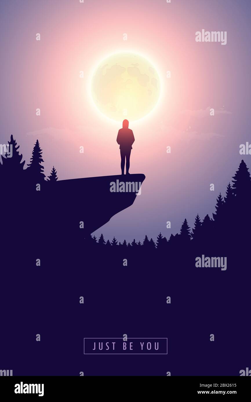 Einsames Mädchen Silhouette auf einer Klippe durch Vollmond Vektor-Illustration EPS10 Stock Vektor