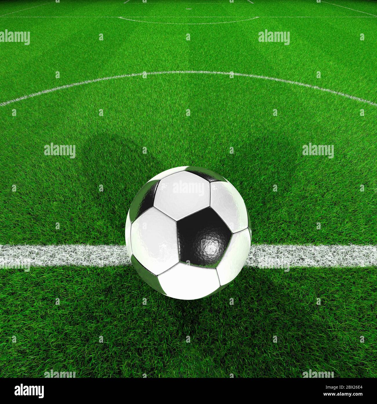 Fußballplatz. Ball in der Mitte Punkt Mitte Kreis Gras. Flutlicht, Nacht. Nahaufnahme.Kick off. Stockfoto