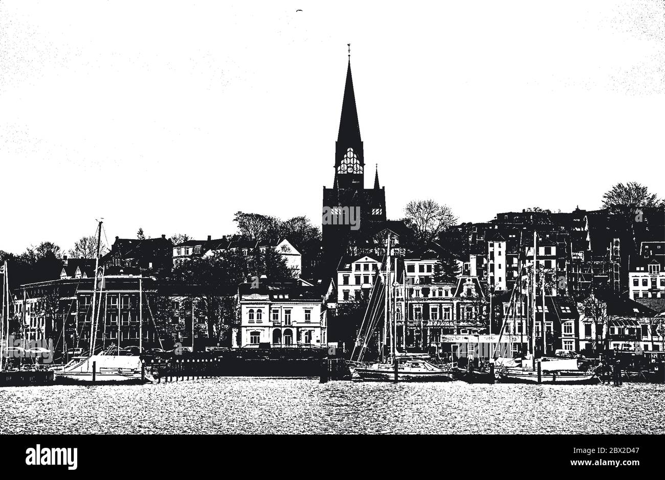 Liegeplatz für Yachten und Boote im Seehafen. Die Ozeanyachten sind sicher an der Pier des Passagierterminals des Hafens festgemacht. Vintage Hand gezeichnet V Stock Vektor