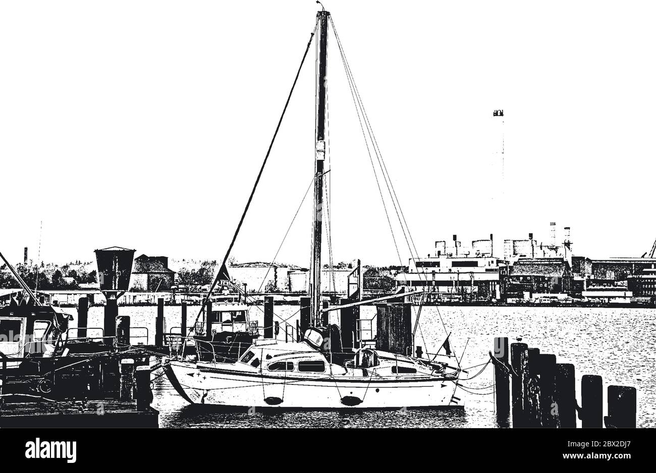 Liegeplatz für Yachten und Boote im Seehafen. Die Ozeanyachten sind sicher an der Pier des Passagierterminals des Hafens festgemacht. Vintage Hand gezeichnet V Stock Vektor