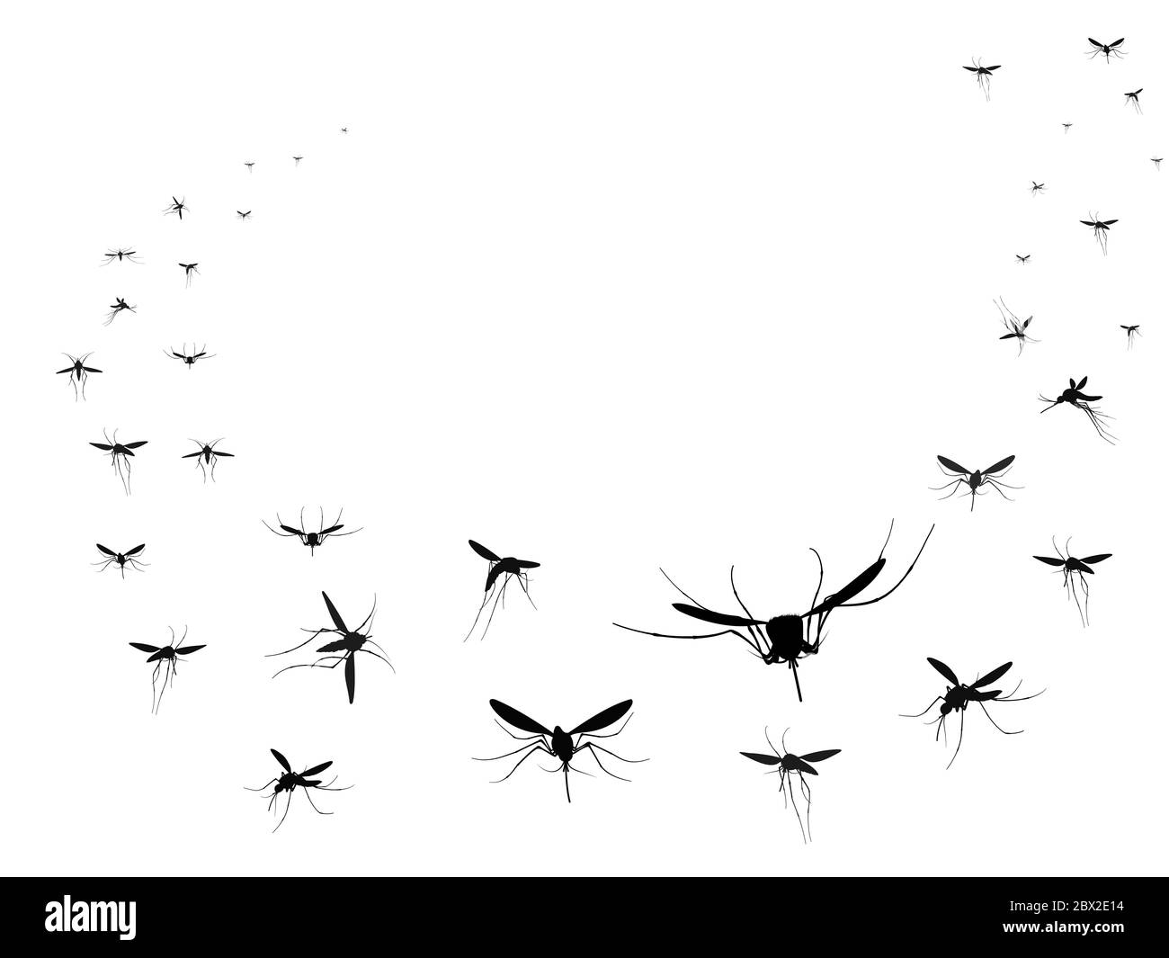 Fliegende Mücken Silhouetten Gruppe. Fliegende Insekten Schwarm Verbreitung Krankheiten gefährliche Infektion und Viren, schwarze Welle Vektor-Mücken Stock Vektor