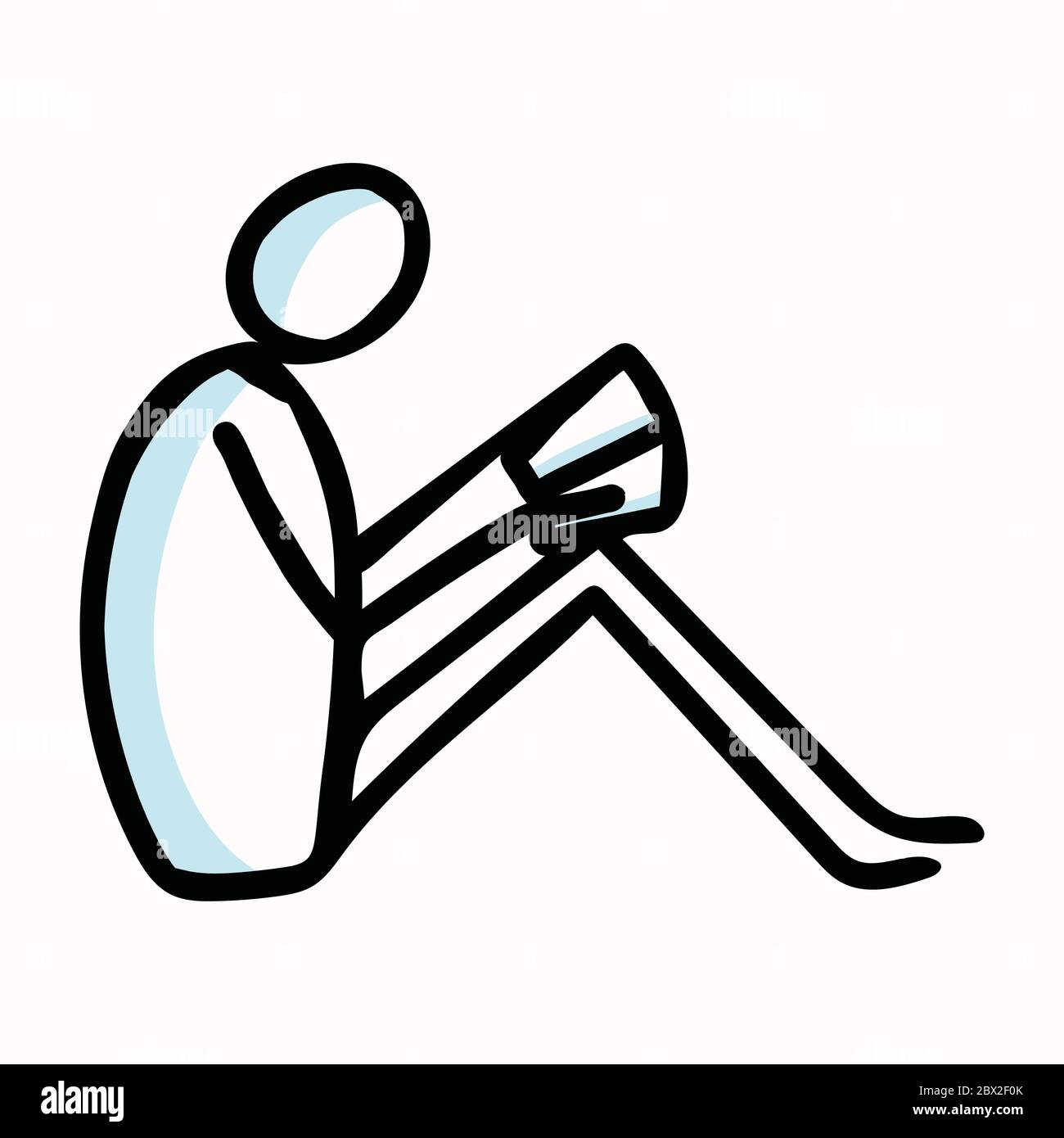 Lesestock Figur Person sitzt mit Buch oder Journal. Handgezeichnetes isoliertes menschliches Doodle-Motivelement in flacher Farbe. Für Bildung, Literatur Stock Vektor