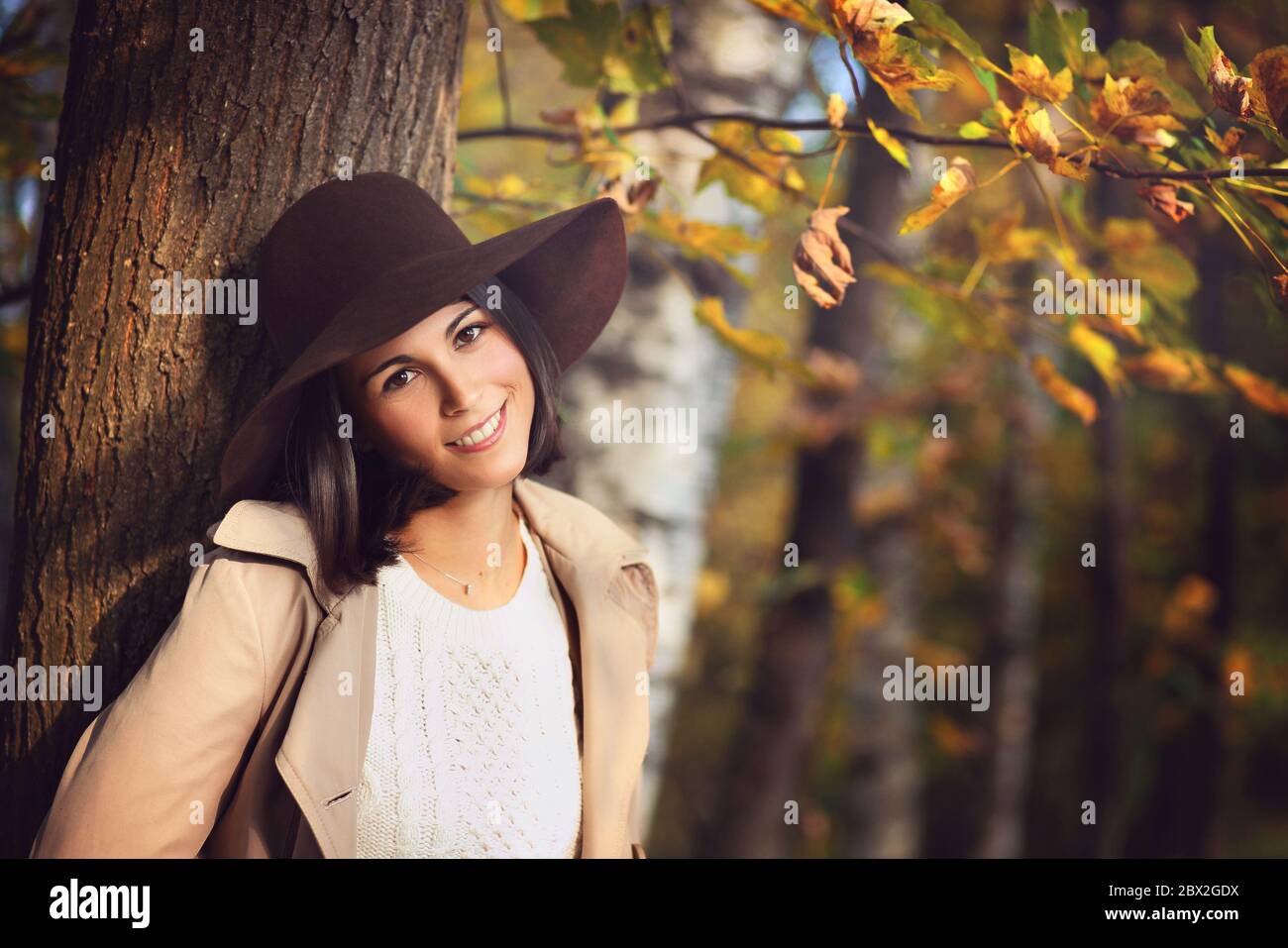 Elegante junge Frau Porträt mit warmen Herbstfarben. Saisonal im Freien Stockfoto