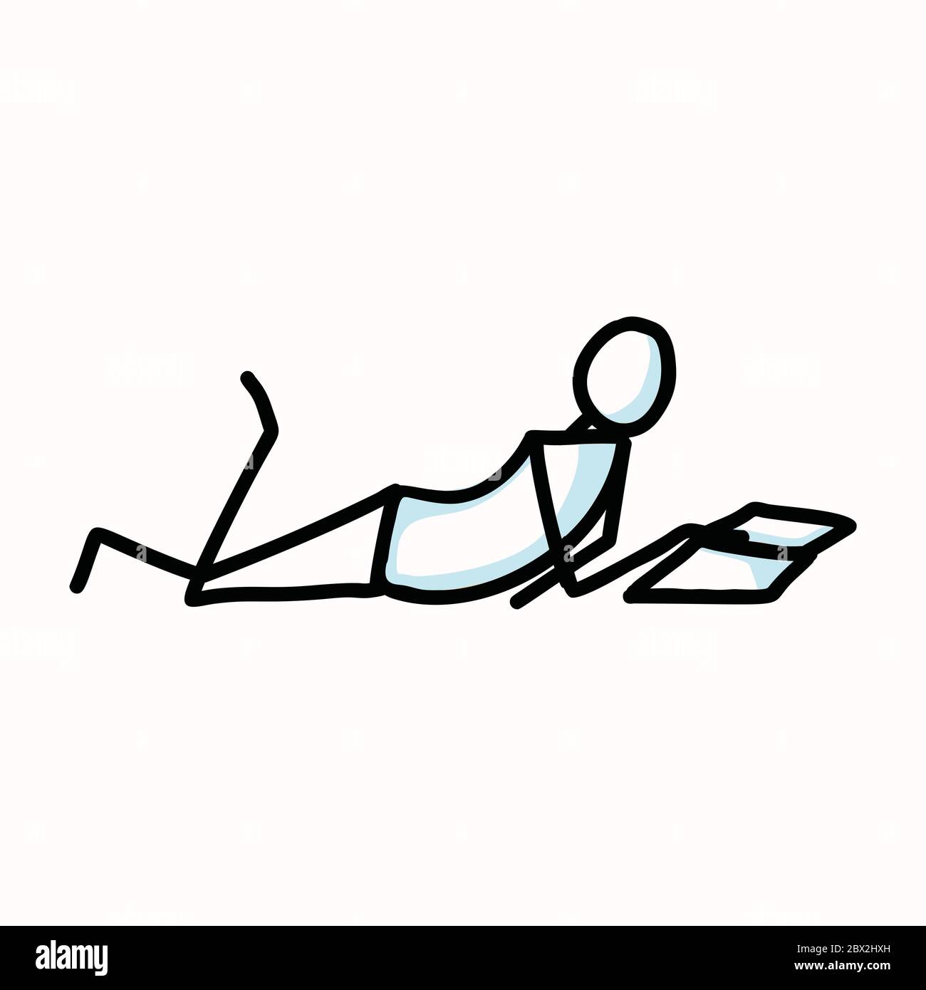 Lesestock Figur Person liegend mit Buch oder Journal. Handgezeichnetes isoliertes menschliches Doodle-Motivelement in flacher Farbe. Für Bildung, Literatur Stock Vektor